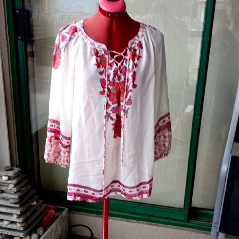Floral Embroidered Women's Top - White and Red